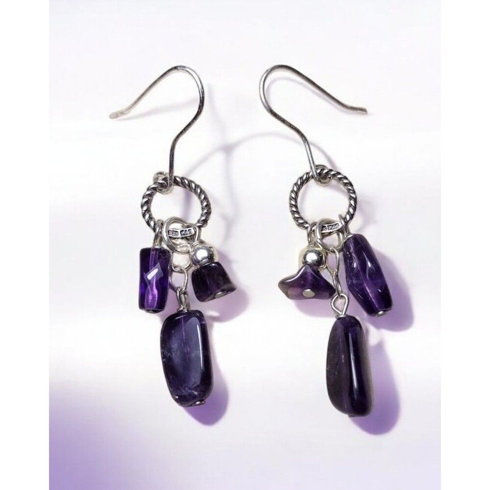 Fas Sterling Silver Amethyst Dangle Earrings Signed
